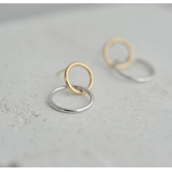 Sterling Silver Two Tone Double Circle Earrings - Picture 4 of 8